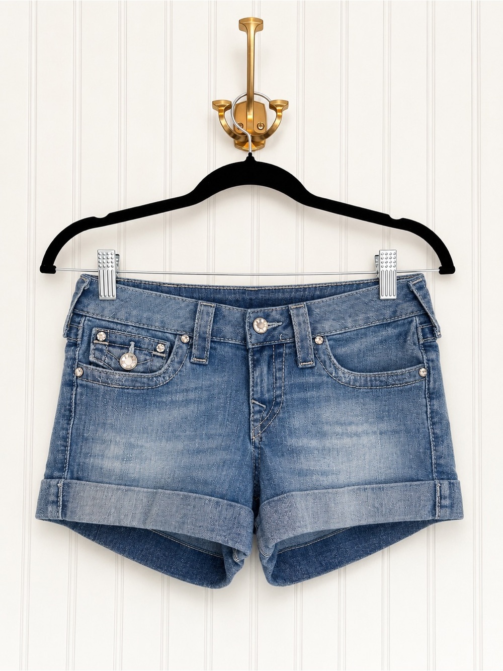 True Religion Joey Rolled Denim Shorts Y2K Size 26 Rhinestone Crystal USA